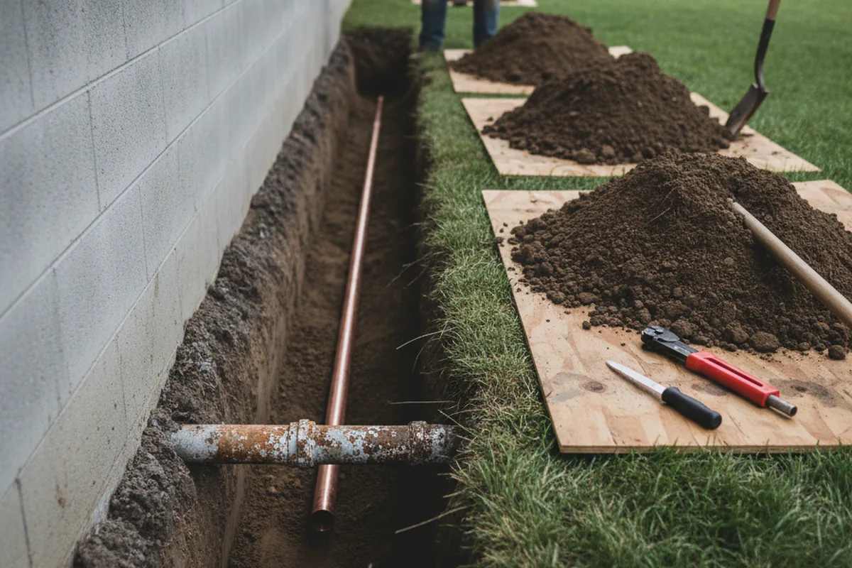 Excavated water line trench during Sewer Line Repair in Northfield